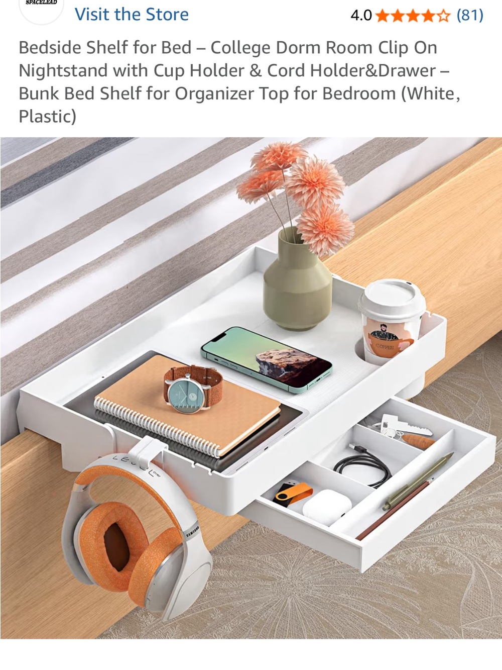 Clip-On Bedside Shelf with Drawer and Cup Holder — White